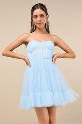 Lovely Flirtation Light Blue Tulle Strapless Bustier Mini Dress