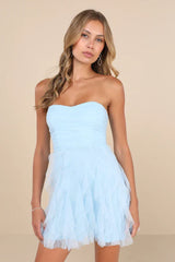 Delightful Beauty Light Blue Mesh Strapless Ruffled Mini Dress