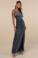 Red Carpet Romance Dark Grey Satin Square Neck Maxi Dress