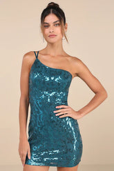 Sparkling Persuasion Teal Blue Sequin One-Shoulder Mini Dress
