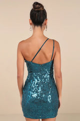 Sparkling Persuasion Teal Blue Sequin One-Shoulder Mini Dress