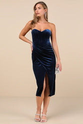 Masterfully Flirty Dark Blue Velvet Bustier Midi Dress