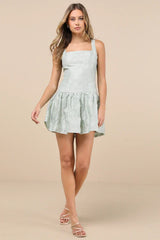 Exuberant Elegance Light Mint Jacquard Drop Waist Mini Dress