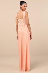 Red Carpet Romance Peach Satin Square Neck Maxi Dress