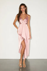 Caught Feelings Blush Satin Ruffled Midi Dress