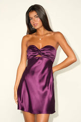 Narina Plum Purple Satin Pleated Strapless Mini Dress