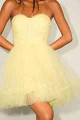Lovely Flirtation Yellow Tulle Strapless Bustier Mini Dress