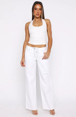 Making Appearances Mid Rise Lace Up Straight Leg Jeans White