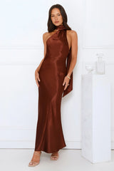 She’s Got Plans Satin Maxi Dress Brown