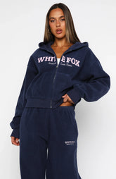 Just For Now Fleece Boxy Zip Front Hoodie Navy