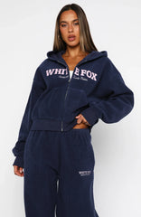 Just For Now Fleece Boxy Zip Front Hoodie Navy