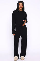 Come A Long Way Soft Lounge Ribbed Wide Leg Pants Black