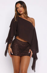Glitter Mood Sequin Crochet Mini Skirt Chocolate
