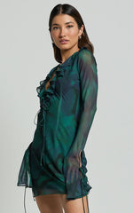 Alesya Mini Dress Ruffle Plunge Neck Long Sleeve Tie Detail Dress in Moss Adeana