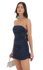 Strapless Satin Ruched Bodycon Dress in Navy
