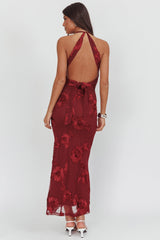 Cipriana Backless Halter Maxi Dress Embellished Wine