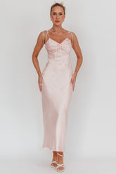 Slow Burn Tied Shoulders Satin Maxi Dress Pink
