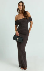 Caterina Maxi Ruched Off Shoulder Mesh Dress in Chocolate