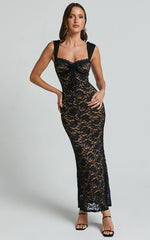 Collette Midi Dress Ruched Bust Wide Strap Detail Lace Midi Dress in Black