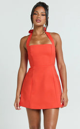 Dante Mini Dress Halter Neck Tie Tulip Skirt Dress in Orange