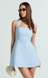 Dante Mini Dress Halter Neck Tie Tulip Skirt Dress in Soft Blue