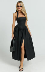 Helda Midi Dress Halter Tie Neck Corset Panel Dress in Black