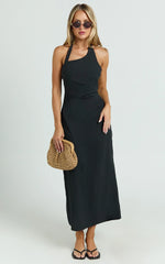 Lindley Midi Dress Halter Neck Linen Look Dress in Black