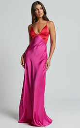 Quincy Maxi Dress Satin Slip Dress in Pink/Red