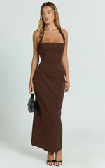 Salome Midi Dress Halter Neck Column Dress in Chocolate