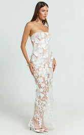 Sienna Maxi Dress 3D Floral Strapless Column Dress in White