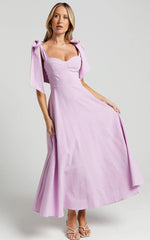 Tymia Midi Dress Shoulder Tie Bustier Shirred Back A Line in Lavender