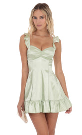 Satin Ruffle Fit and Flare Dress in Pastel Green