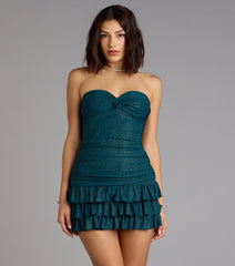 Party Perfect Glitter Knit Strapless Ruffle Mini Dress