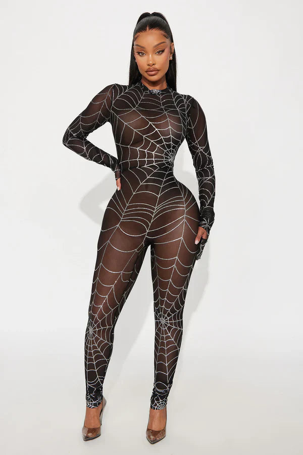 Caught In My Web Glitter Sheer Jumpsuit - Black