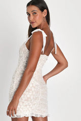 Be Mine Forever White Floral Lace Ruched Bodycon Dress