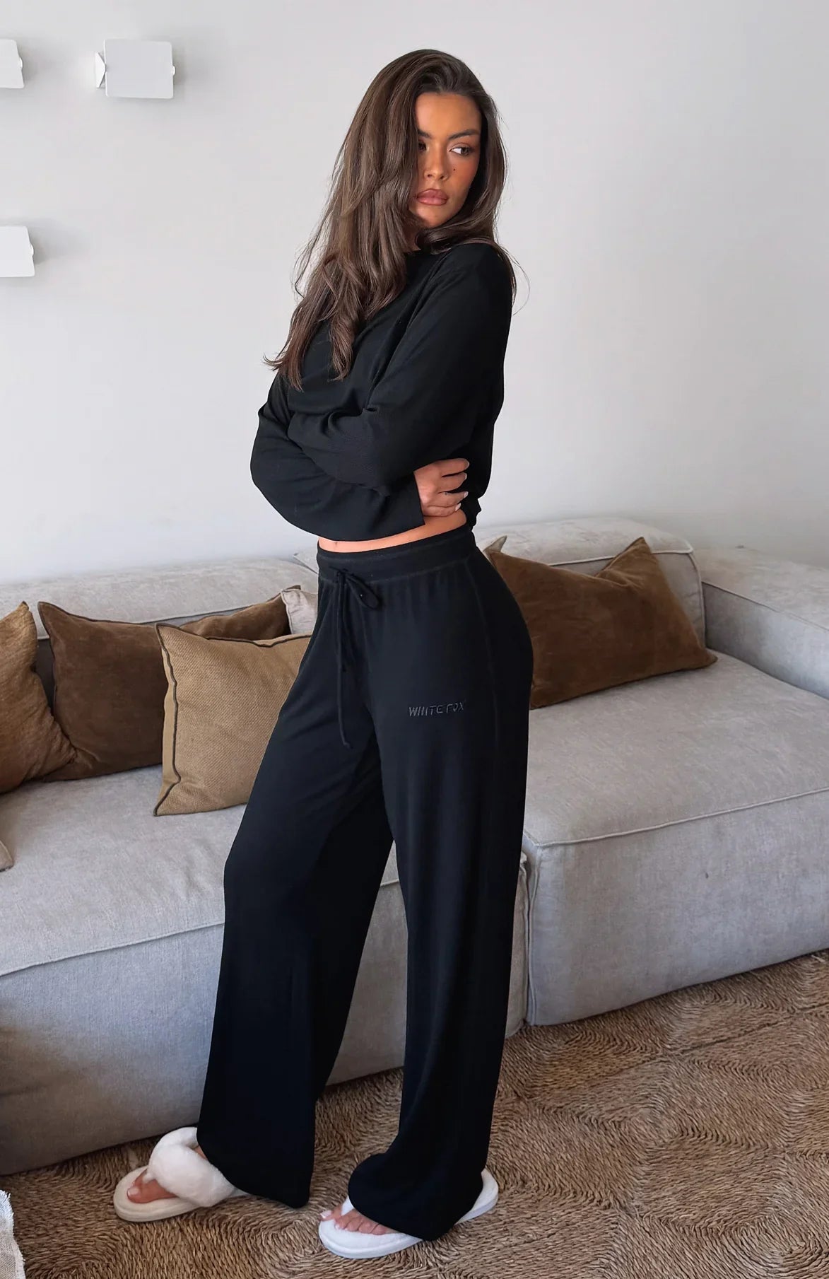 Come A Long Way Soft Lounge Ribbed Wide Leg Pants Black
