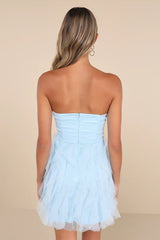 Delightful Beauty Light Blue Mesh Strapless Ruffled Mini Dress