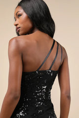 Glittery Beauty Black Sequin One-Shoulder Mini Dress