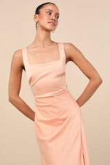 Red Carpet Romance Peach Satin Square Neck Maxi Dress