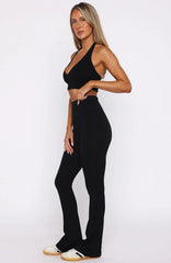 Scared To Confess Seamless Ribbed Flare Pants Black