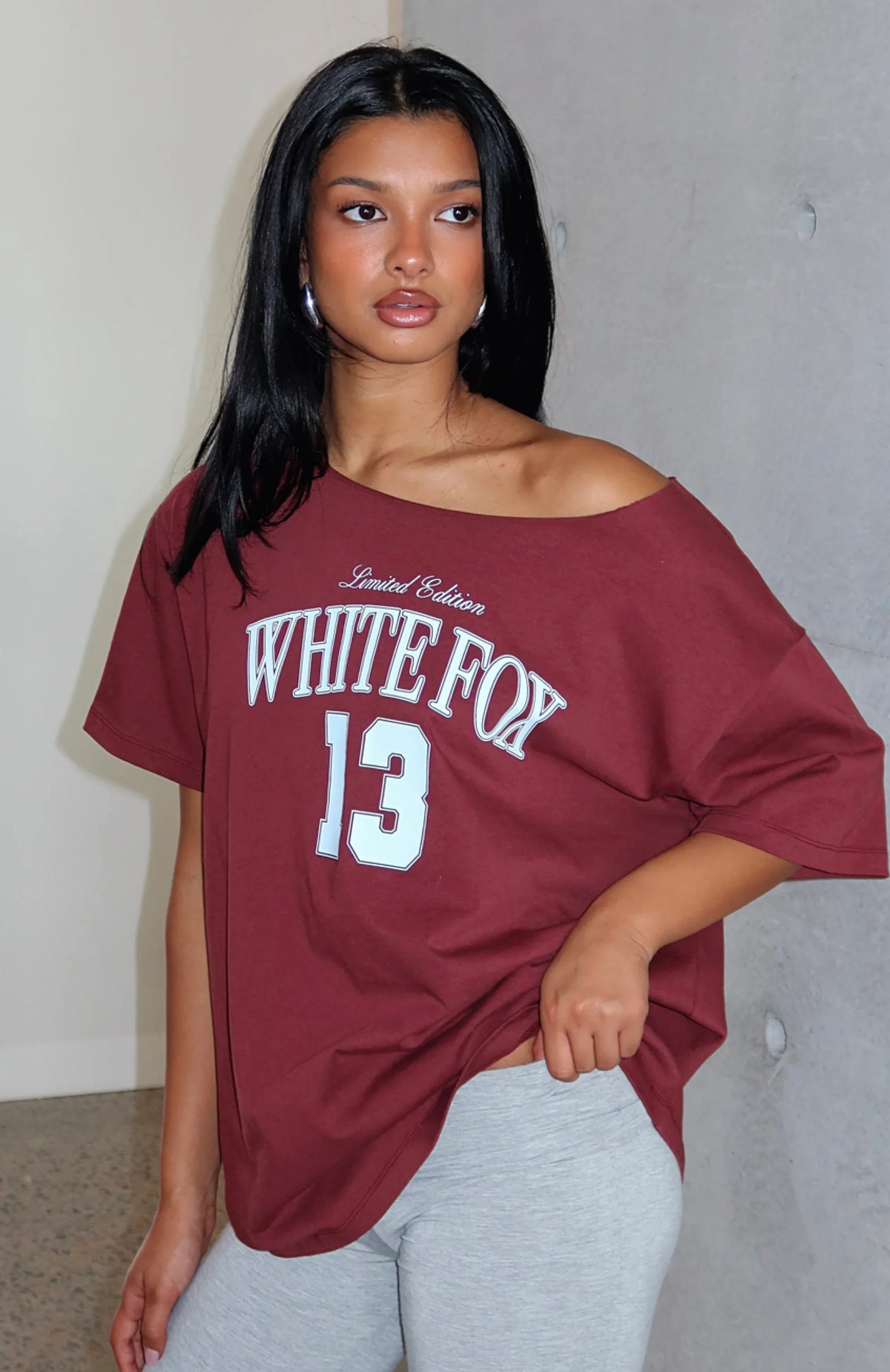 Everything In Time Off Shoulder Oversized Tee Burgundy