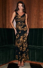 Dara Midi Dress Low Neck Sleeveless Slip Dress in Amber Floral Print