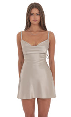 Rhinestone Strap Satin Dress in Taupe