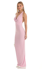 Gathered Back Halter BodyCon Maxi Dress in Pink