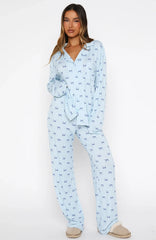 Pillow Talk Printed Long Sleeve Pyjama Set Sky Ribbons