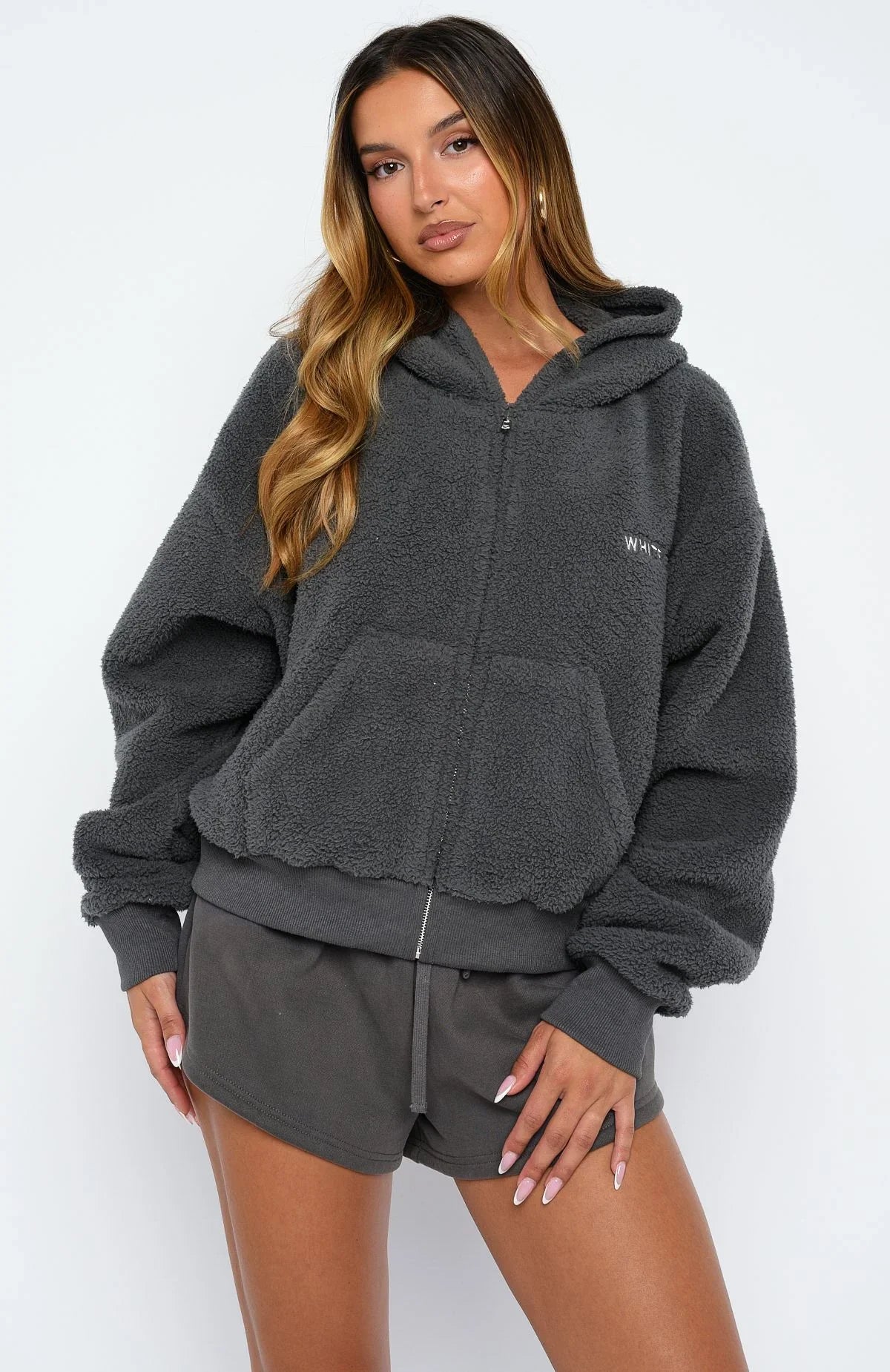 Always First Teddy Borg Boxy Zip Front Hoodie Charcoal