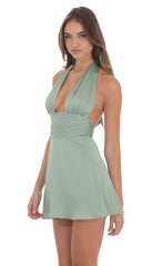 Satin Halter A-line Dress in Sage