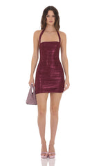 Ruched Foil Mesh Bodycon Dress in Burgundy