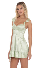 Satin Ruffle Fit and Flare Dress in Pastel Green