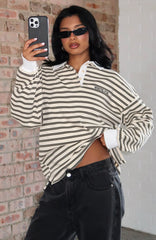 Out Again Long Sleeve Rugby Shirt Cream/Olive Stripe